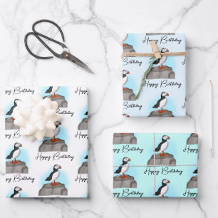 Personalised Happy Birthday Puffin Wrapping Paper Sheet