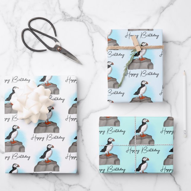 Personalised Happy Birthday Puffin Wrapping Paper Sheet (Front)