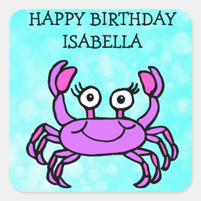 Personalised Happy Birthday Purple Crab Square Sticker (Front)