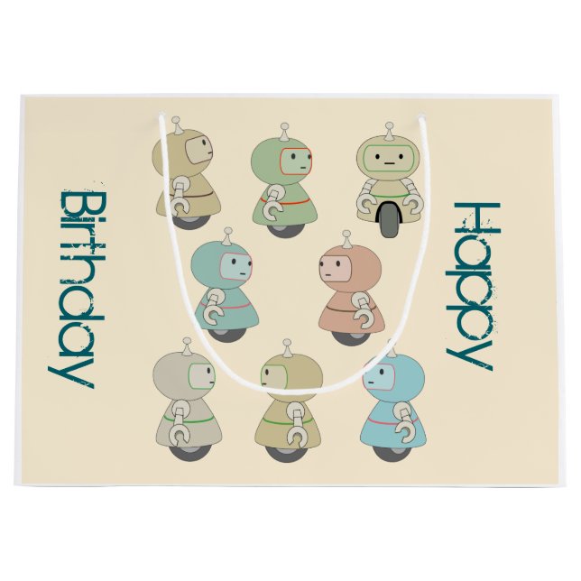 Personalised Happy Birthday Retro Robots Large Gift Bag (Front)