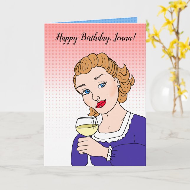 Personalised Happy Birthday Retro Wine Humour Card (Yellow Flower)