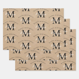 Personalised Happy Birthday Rustic Kraft Monogram Wrapping Paper Sheet