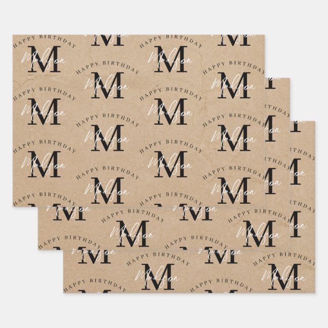 Personalised Happy Birthday Rustic Kraft Monogram Wrapping Paper Sheet (Set)