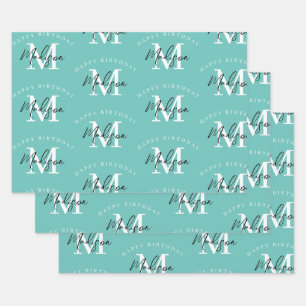 Personalised Happy Birthday Teal Monogram Wrapping Paper Sheet