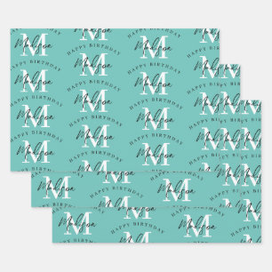 Personalised Happy Birthday Teal Monogram Wrapping Paper Sheet