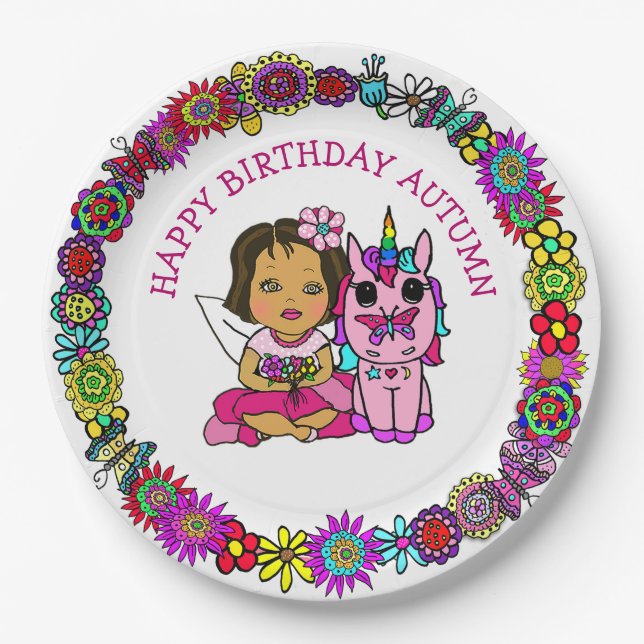 Personalised Happy Birthday Unicorn and Fairy Paper Plate (Front)