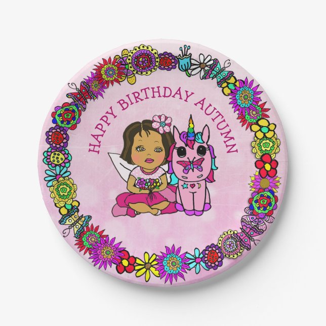 Personalised Happy Birthday Unicorn and Fairy Paper Plate (Front)