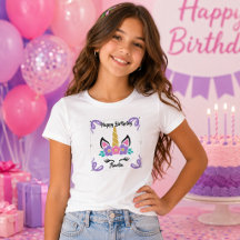 Personalised Happy Birthday Unicorn Girls T-Shirt