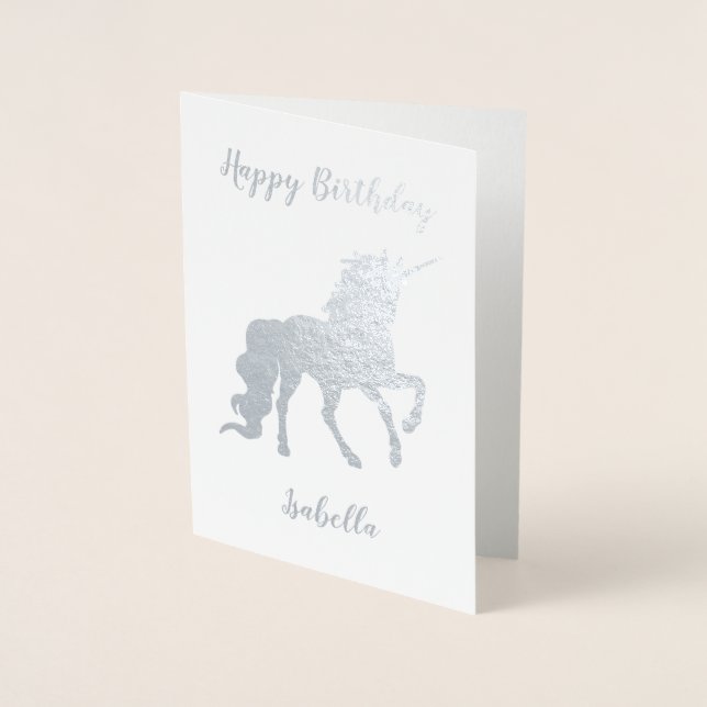 Personalised Happy Birthday Unicorn Silver Foil Card (Front)