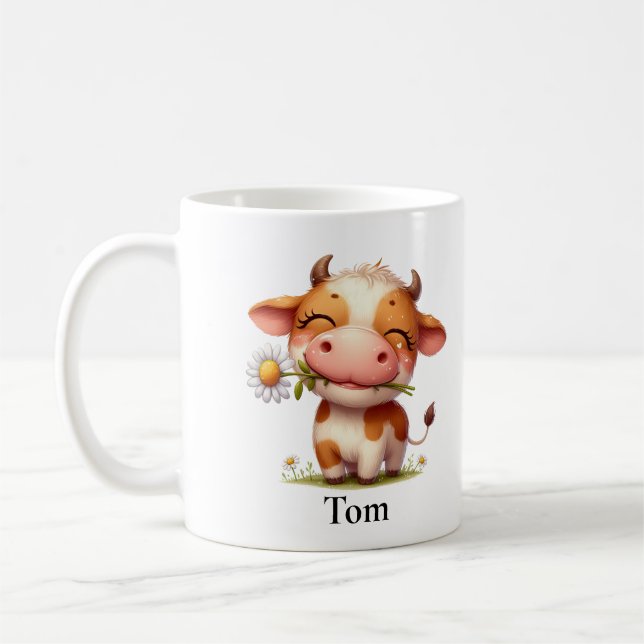 Personalised Happy Brown Cow with Flower Coffee Mug (Left)