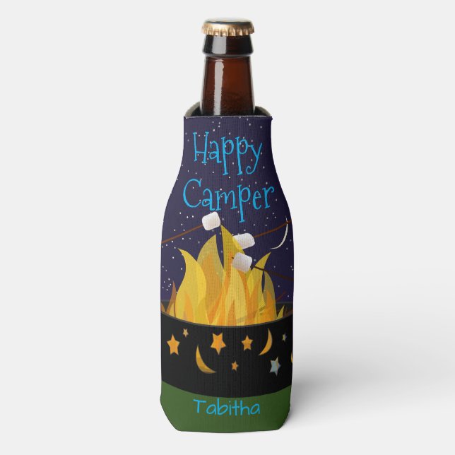 Personalised Happy Camper Campfire Bottle Cooler (Bottle Front)