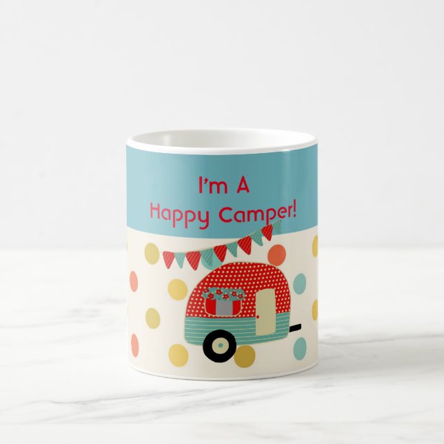 Personalised Happy Camper Retro Red Aqua Mug (Center)