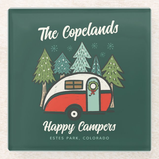 Personalised Happy Campers Christmas Glass Coaster (Front)