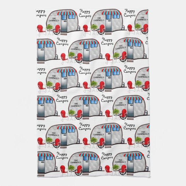 Personalised "Happy Campers" Kitchen Tea Towel (Vertical)