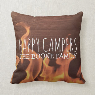 Personalised Happy Campers Rustic Wood Campfire Cushion