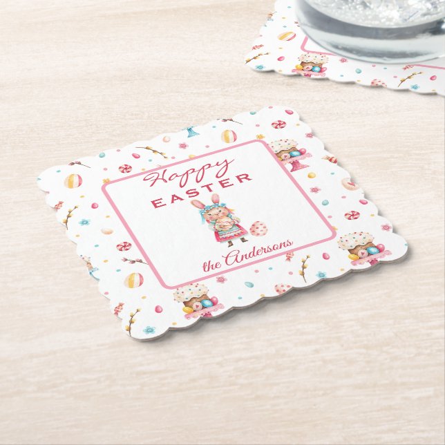 Personalised Happy Easter 4" Scalloped Paper Coaster (Angled)