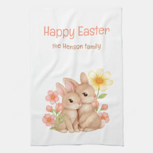 Personalised Happy Easter Bunnies Floral Family  Tea Towel
