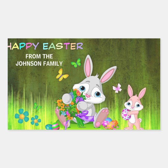 Personalised HAPPY EASTER Bunny Coloured Eggs Rectangular Sticker (Front)