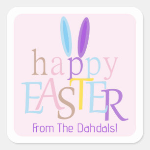 Personalised Happy Easter Bunny Ears Pastel Pink Square Sticker