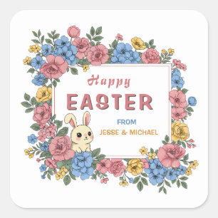 Personalised Happy Easter Bunny Floral Custom Name Square Sticker