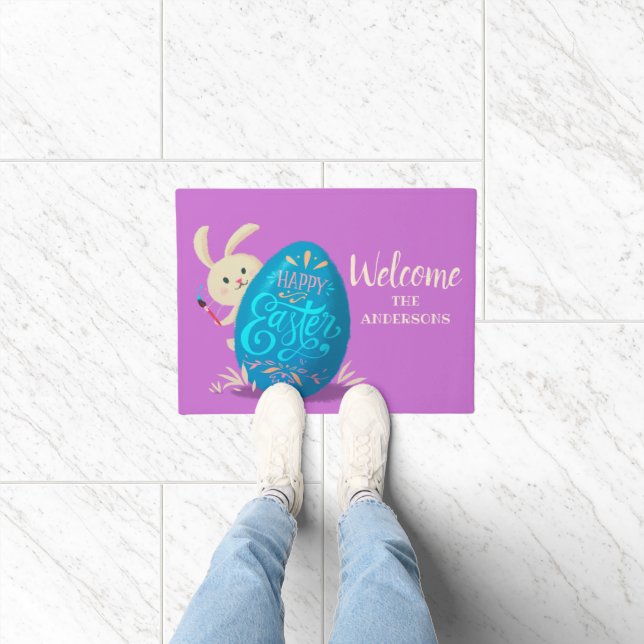 Personalised Happy Easter Bunny Painting an Egg Doormat (Indoor)