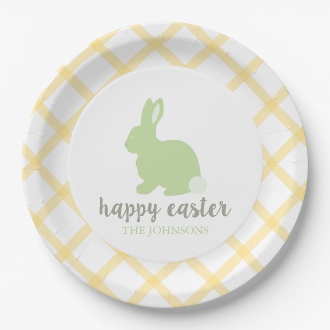 Personalised Happy Easter Bunny Paper Plate Yellow (Front)