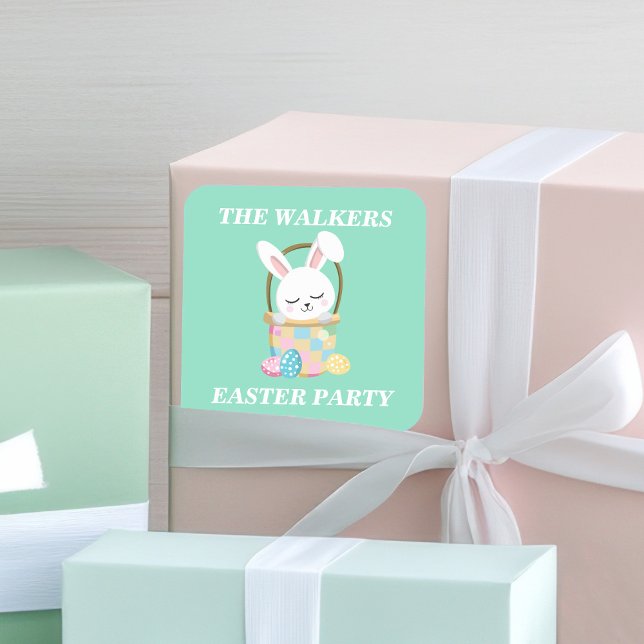 Personalised Happy Easter Bunny Party Green Square Sticker (Creator Uploaded)
