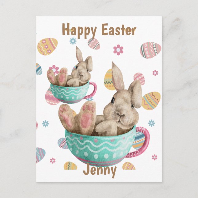 Personalised Happy Easter Bunny Sitting In Teacups Holiday Postcard (Front)