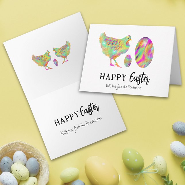 Personalised Happy Easter Colourful Hen & Eggs Holiday Card (Personalized happy easter modern colorful watercolor cute hen & Easter eggs folded holiday card)