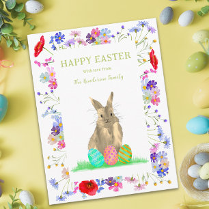 Personalised Happy Easter Cute Bunny Floral Holiday Postcard
