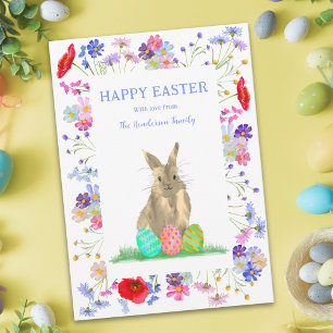 Personalised Happy Easter Cute Bunny Wildflowers Holiday Card