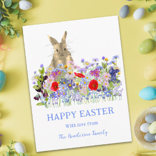 Personalised Happy Easter Cute Bunny Wildflowers Holiday Postcard