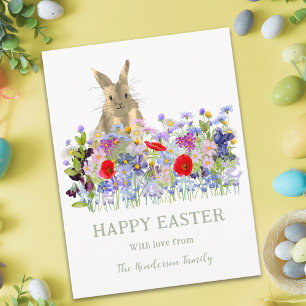 Personalised Happy Easter Cute Bunny Wildflowers Holiday Postcard