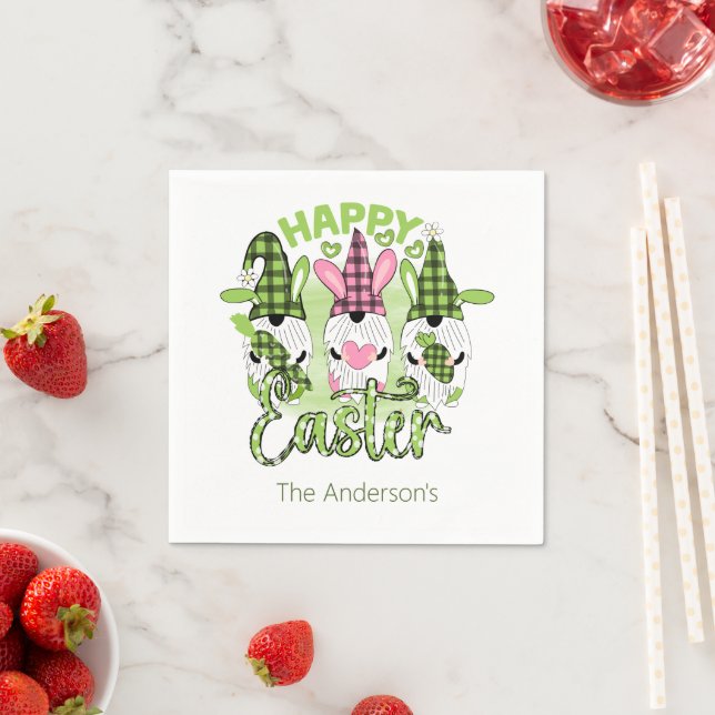Personalised Happy Easter Gnomes Pink Green Party Napkin (Insitu)