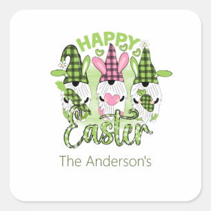 Personalised Happy Easter Gnomes Pink Green  Square Sticker