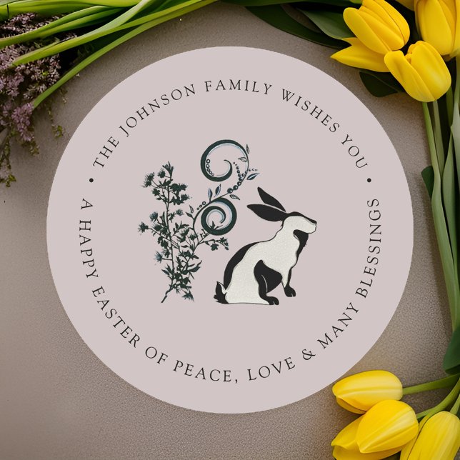 Personalised Happy Easter Modern Bunny Classic Round Sticker (Creator Uploaded)