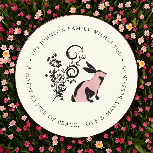 Personalised Happy Easter Modern Bunny Classic Round Sticker (Creator Uploaded)