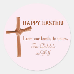 Personalised Happy Easter Palm Cross Brown Pink Classic Round Sticker