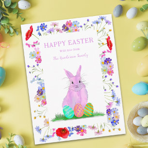 Personalised Happy Easter Pink Bunny Spring Floral Holiday Card