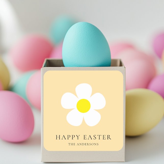 Personalised Happy Easter Yellow Daisy Square Sticker (Creator Uploaded)