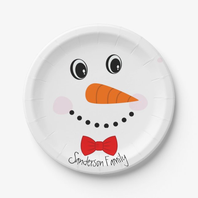 Personalised Happy Face Snowman Red Bowtie Paper Plate (Front)