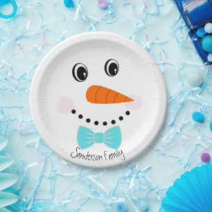 Personalised Happy Face Snowman Teal Blue Bowtie Paper Plate