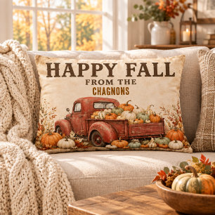 Personalised Happy Fall Vintage Red Truck Farmhous Decorative Cushion