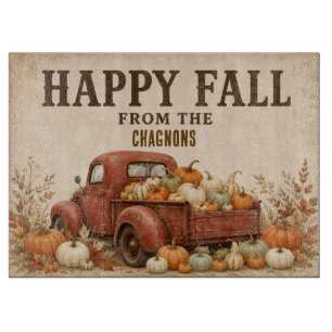 Personalised Happy Fall Vintage Red Truck Pumpkin Cutting Board