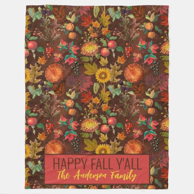 Personalised Happy Fall Y'all Autumn Botanical Fleece Blanket (Front)