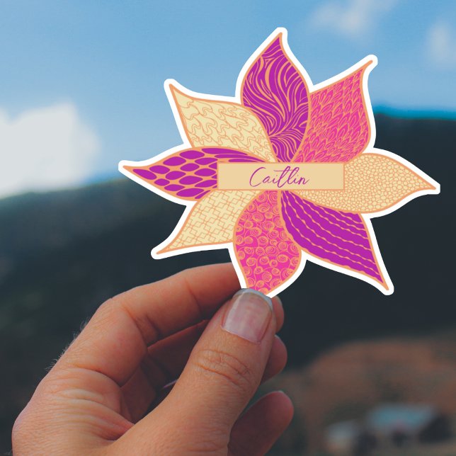  Personalised Happy Flower Name Sticker (Personalized Happy Flower Custom Cut Sticker in Pink)