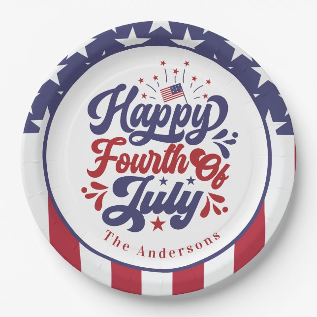 Personalised Happy Fourth Of July Patriotic  Paper Plate (Front)