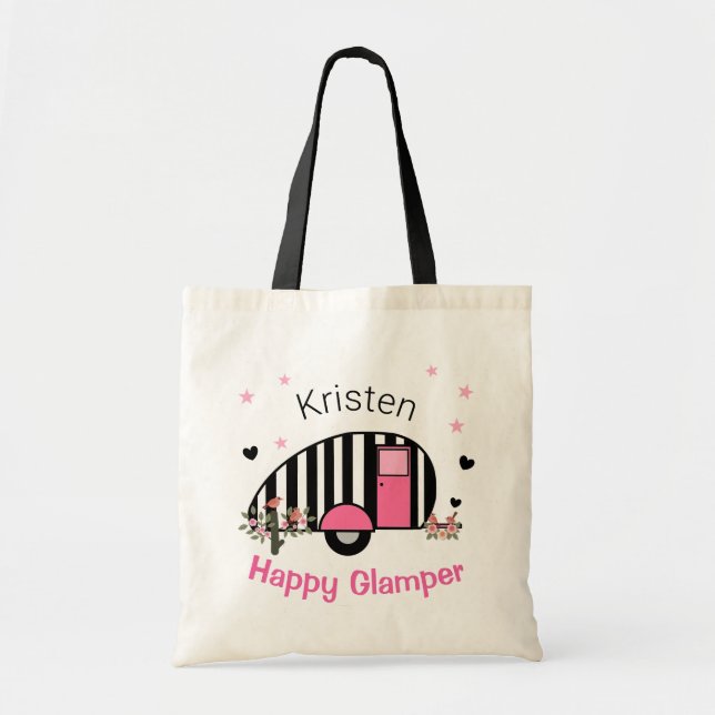 Personalised Happy Glamper Striped Camper Tote Bag (Front)