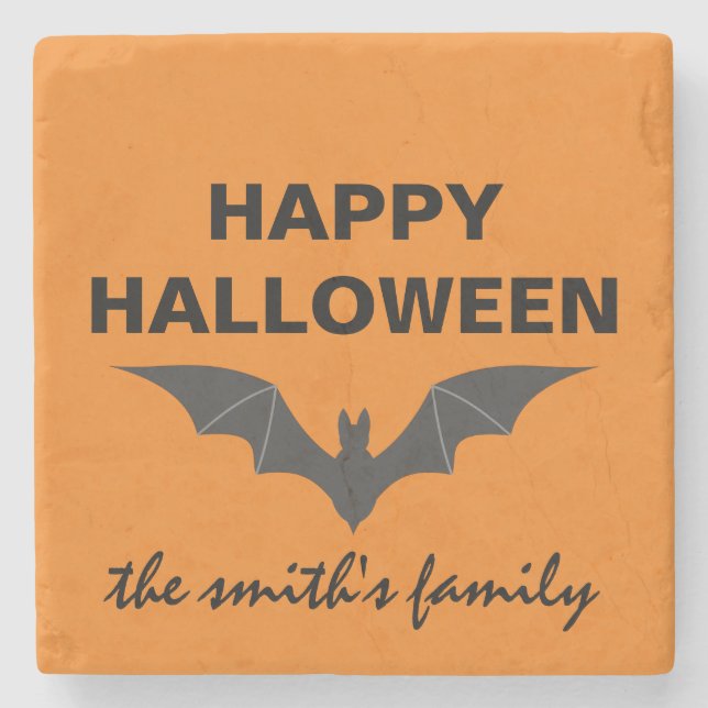 Personalised Happy Halloween Bat Stone Coaster (Front)