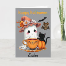 Personalised Happy Halloween Cute Ghost, Cat, Bat